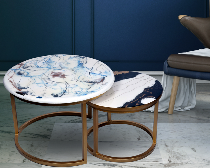 Table basse ronde en résine époxy blanche et noire dorée (Ensemble de 2)