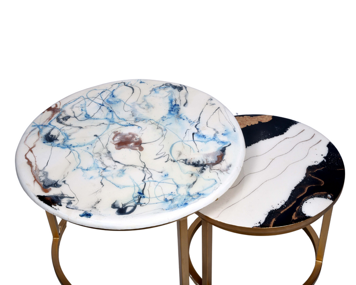 Table basse ronde en résine époxy blanche et noire dorée (Ensemble de 2)