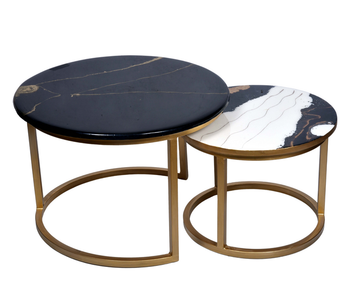 Table basse ronde dorée en résine époxy noire et blanche (Ensemble de 2)