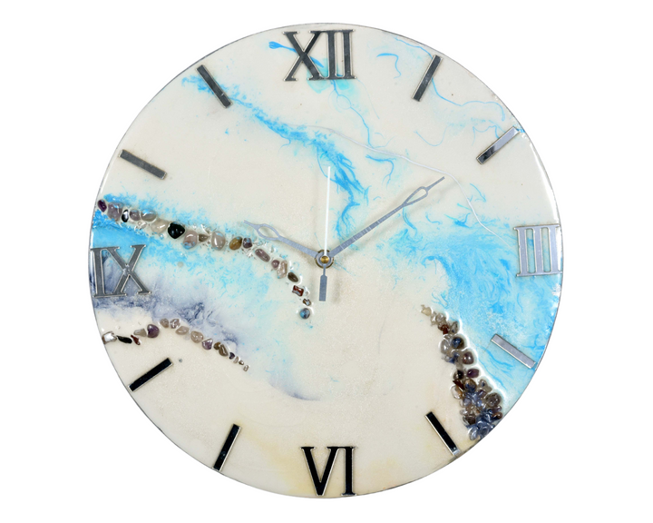 Horloge murale design en résine époxy pour la décoration de bureau et la décoration intérieure, horloge murale à chiffres romains, horloge murale en résine, bleu ciel, sans verre, horloge en résine faite à la main