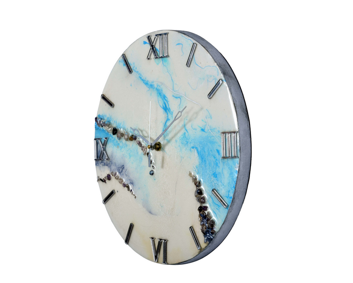 Horloge murale design en résine époxy pour la décoration de bureau et la décoration intérieure, horloge murale à chiffres romains, horloge murale en résine, bleu ciel, sans verre, horloge en résine faite à la main