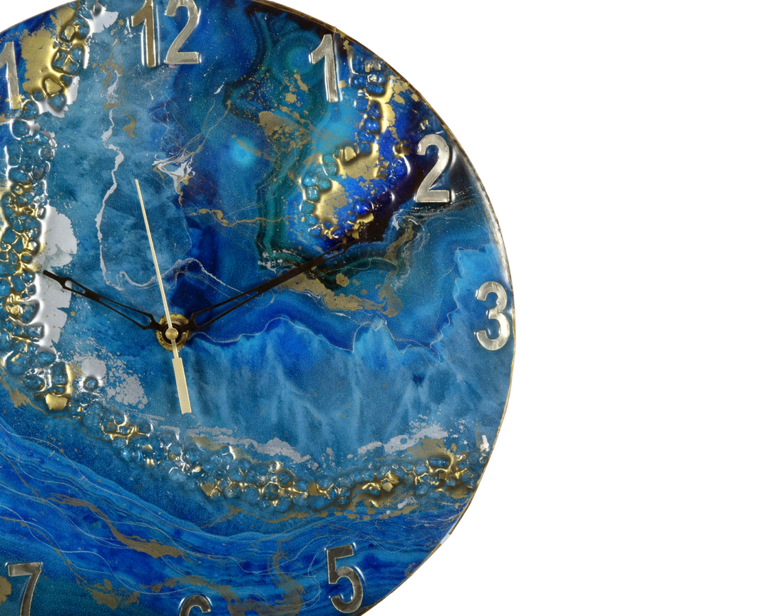 Designer Epoxy Wanduhr für Bürodekor, Römische Zahlen Wanduhr, Resin Wanduhr, Blau, Ohne Glas, 16 Zoll, Handgemachte Resin Uhr