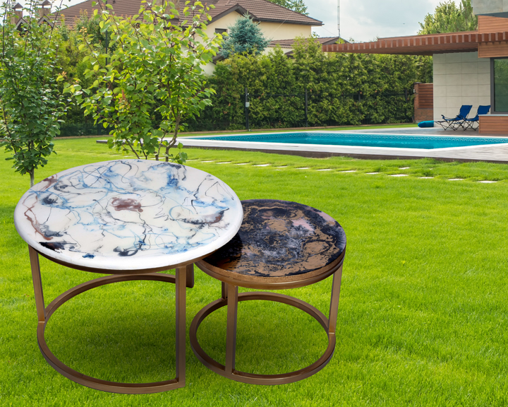 Table basse ronde blanche et dorée en résine époxy (Ensemble de 2)