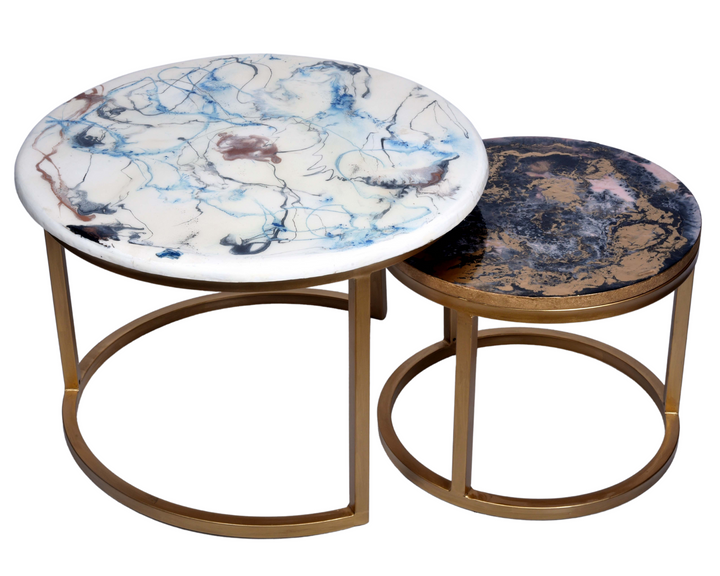 Table basse ronde blanche et dorée en résine époxy (Ensemble de 2)