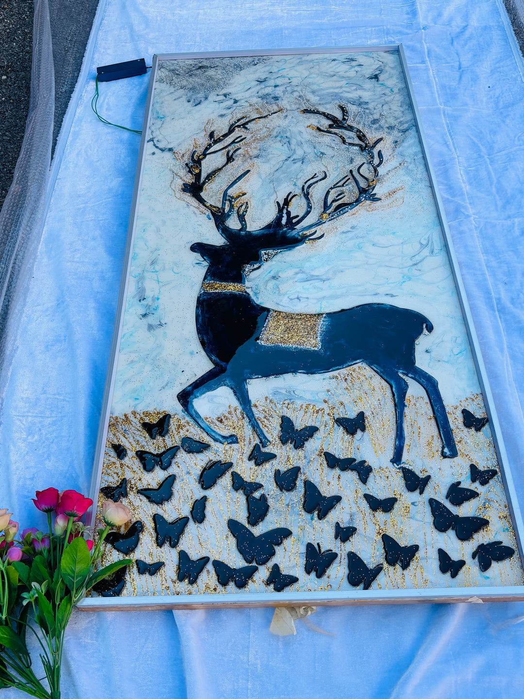 Deer Resin Art Painting Wall Decor with or without LED Luxury Unique Picture Resin Painting Resin art Wall Decor Wall Hangings Painting Crystal Epoxy resin wall painting Large resin artwork modern art